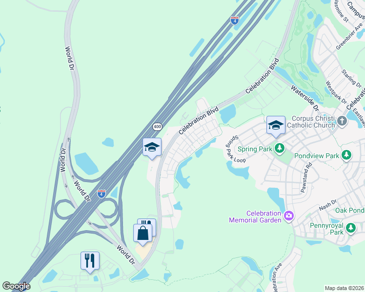 map of restaurants, bars, coffee shops, grocery stores, and more near 1536 Resolute Street in Celebration