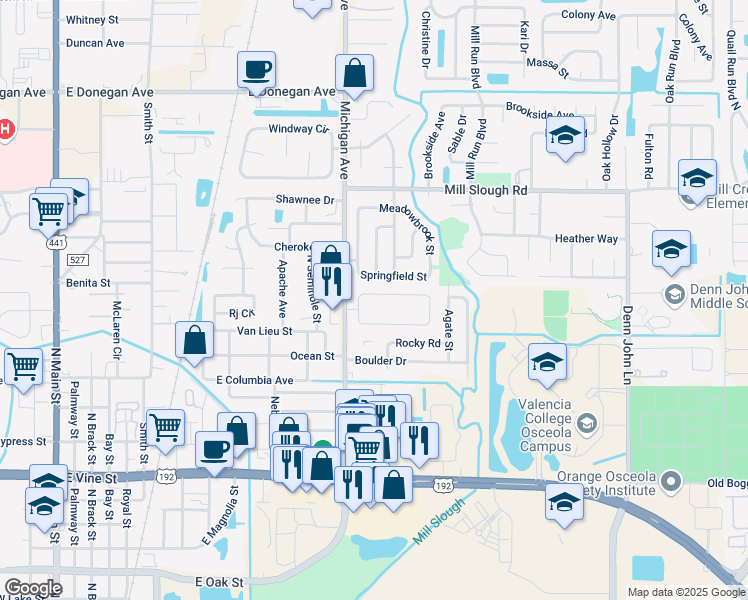 map of restaurants, bars, coffee shops, grocery stores, and more near 1401 Sierra Circle in Kissimmee