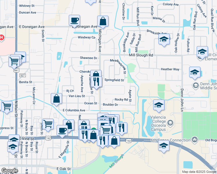 map of restaurants, bars, coffee shops, grocery stores, and more near 1401 Sierra Cir in Kissimmee