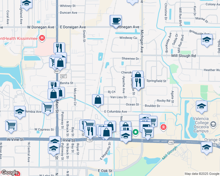 map of restaurants, bars, coffee shops, grocery stores, and more near 2127 Rj Circle in Kissimmee