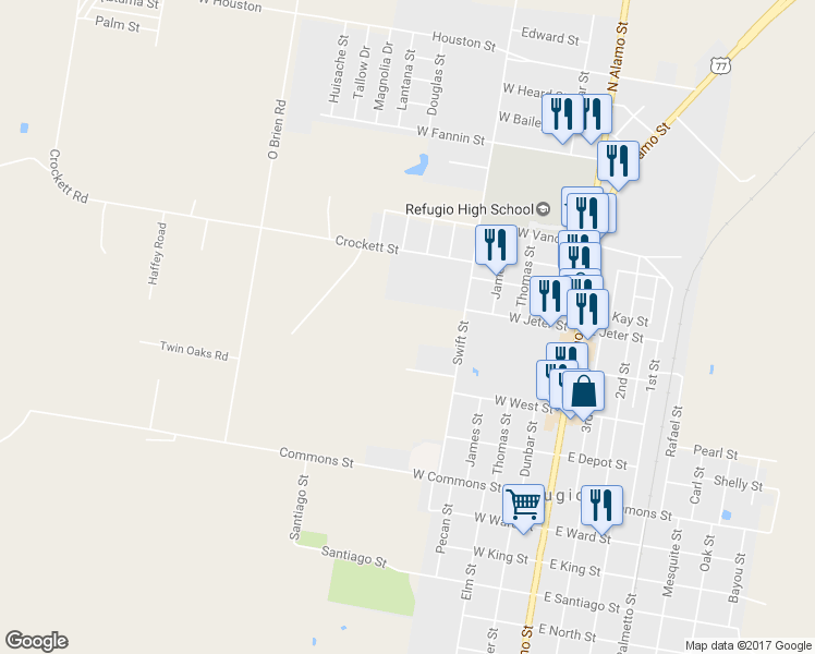map of restaurants, bars, coffee shops, grocery stores, and more near 415 Swift Street in Refugio