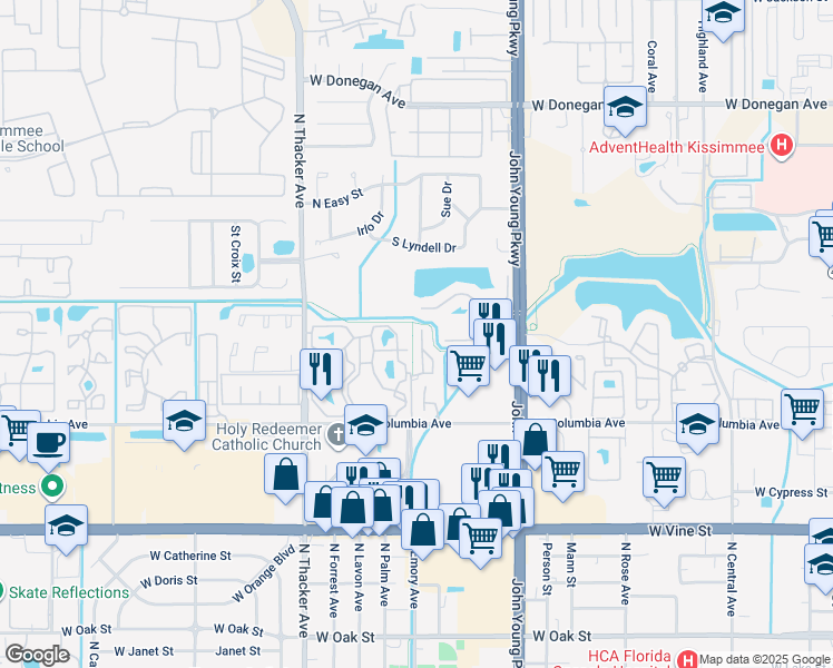 map of restaurants, bars, coffee shops, grocery stores, and more near 2150 Penny Lane in Kissimmee