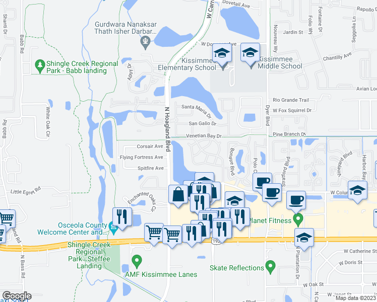 map of restaurants, bars, coffee shops, grocery stores, and more near 3846 Bay Club Circle in Kissimmee