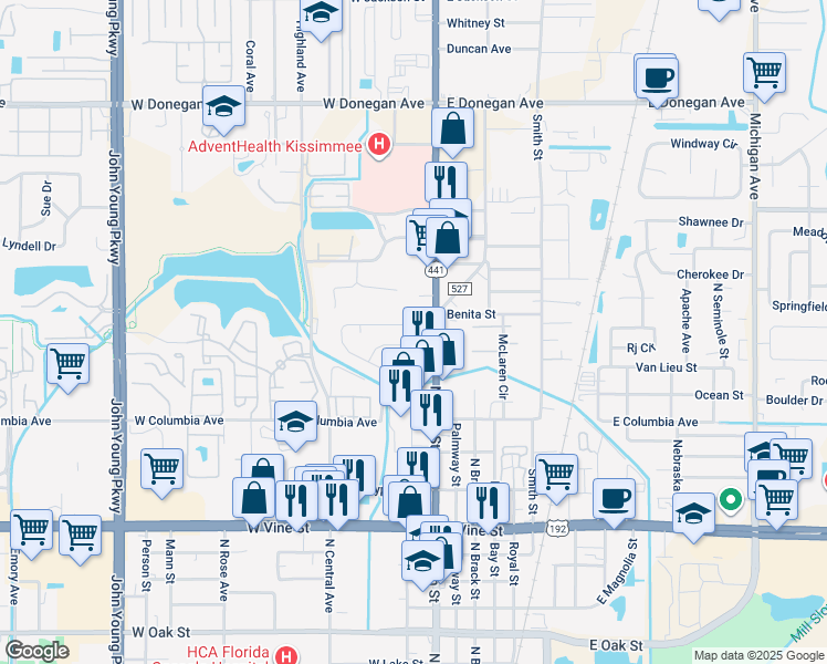 map of restaurants, bars, coffee shops, grocery stores, and more near 101 Poinciana Circle in Kissimmee