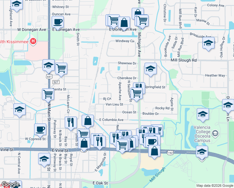 map of restaurants, bars, coffee shops, grocery stores, and more near 2222 Apache Avenue in Kissimmee
