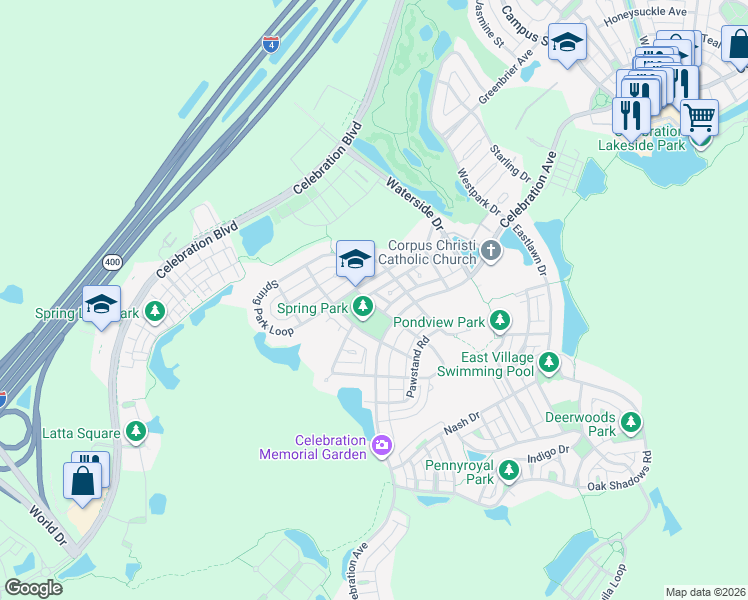 map of restaurants, bars, coffee shops, grocery stores, and more near 951 Spring Park Loop in Celebration