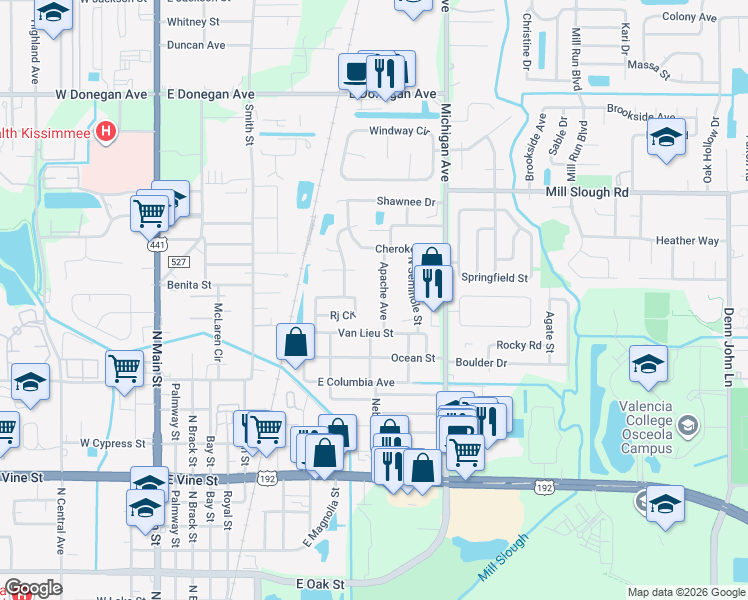 map of restaurants, bars, coffee shops, grocery stores, and more near 2222 Apache Avenue in Kissimmee