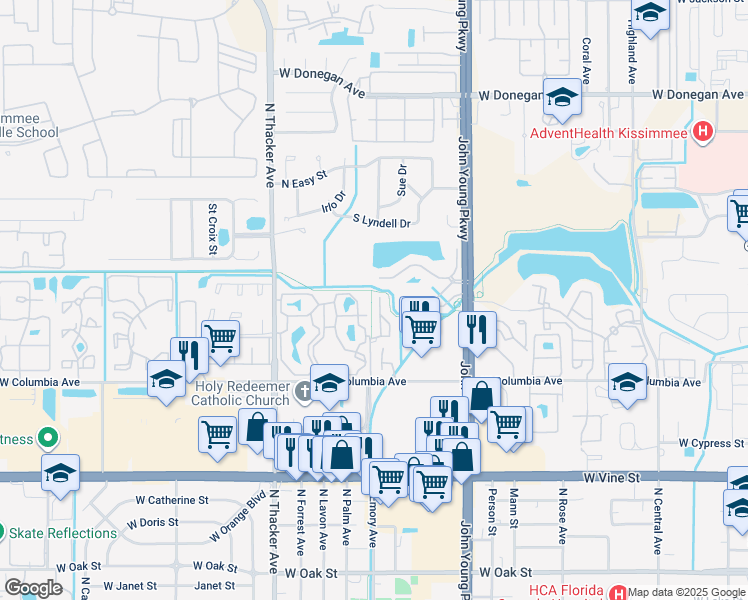 map of restaurants, bars, coffee shops, grocery stores, and more near 2150 Penny Lane in Kissimmee