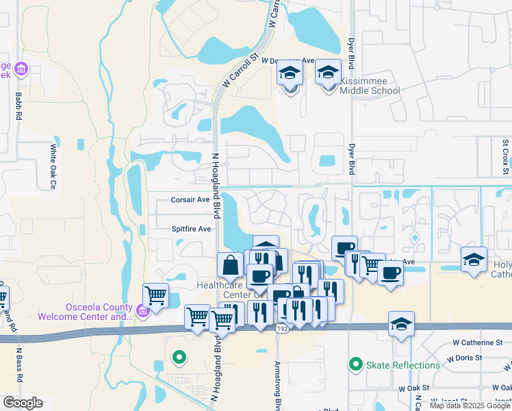 map of restaurants, bars, coffee shops, grocery stores, and more near 3838 Nautical Way in Kissimmee