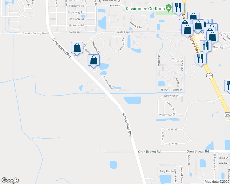map of restaurants, bars, coffee shops, grocery stores, and more near 2014 Royal Bay Boulevard in Kissimmee