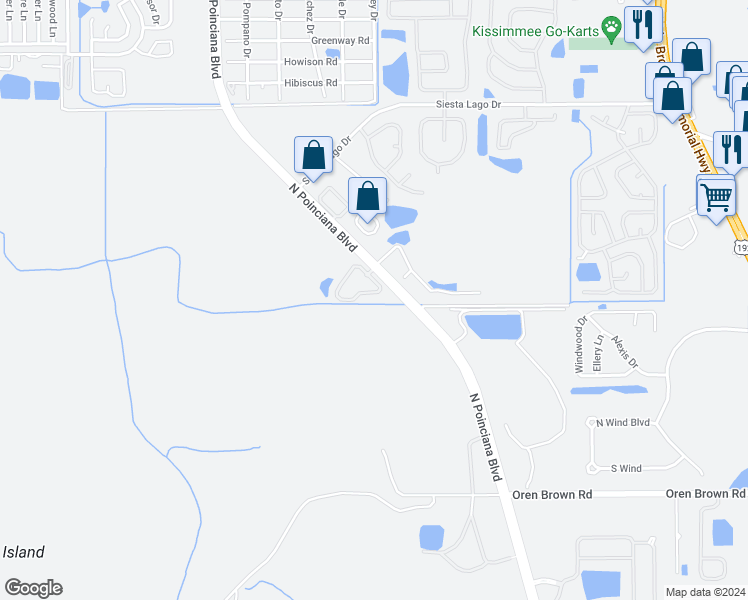 map of restaurants, bars, coffee shops, grocery stores, and more near 5015 Laguna Bay Circle in Kissimmee