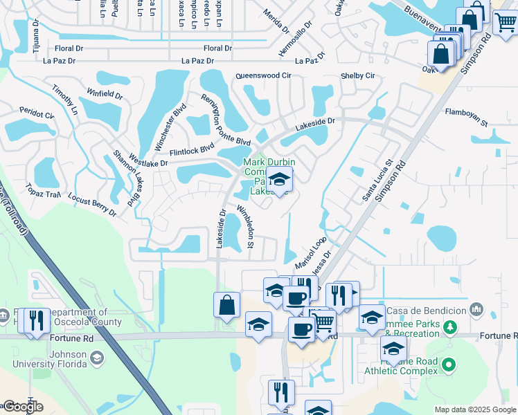 map of restaurants, bars, coffee shops, grocery stores, and more near 1833 Wimbledon Street in Kissimmee