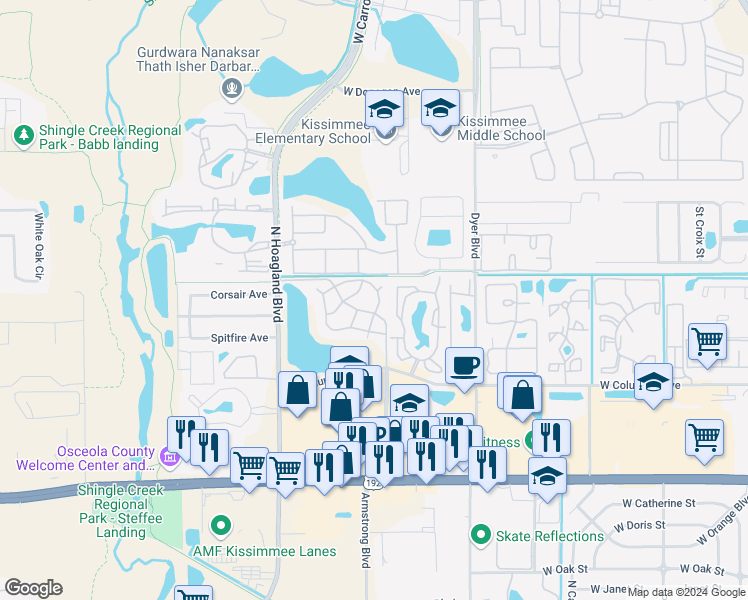 map of restaurants, bars, coffee shops, grocery stores, and more near 3828 Bowline Circle in Kissimmee