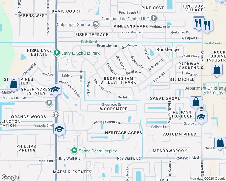 map of restaurants, bars, coffee shops, grocery stores, and more near 896 Beaverdale Lane in Rockledge