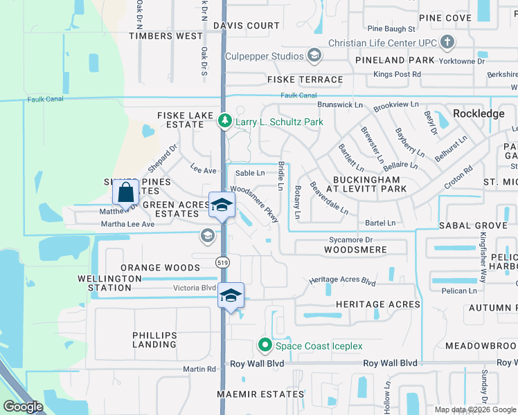 map of restaurants, bars, coffee shops, grocery stores, and more near 1001 Woodsmere Parkway in Rockledge