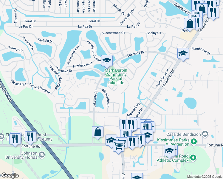 map of restaurants, bars, coffee shops, grocery stores, and more near 1833 Wimbledon Street in Kissimmee
