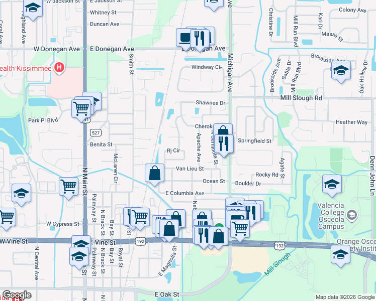map of restaurants, bars, coffee shops, grocery stores, and more near 2222 Apache Avenue in Kissimmee