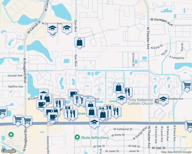 map of restaurants, bars, coffee shops, grocery stores, and more near 3005 Wickham Avenue in Kissimmee