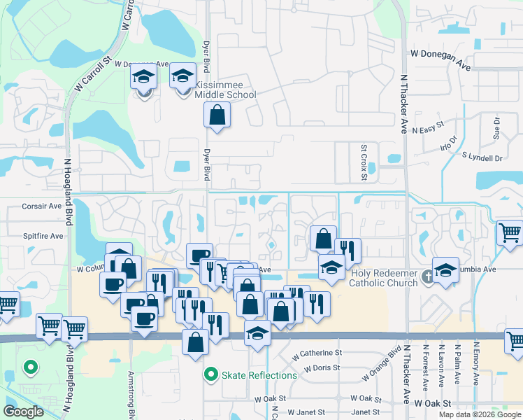 map of restaurants, bars, coffee shops, grocery stores, and more near 3005 Wickham Avenue in Kissimmee
