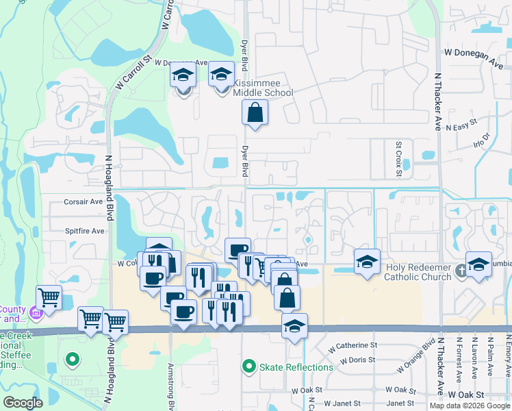 map of restaurants, bars, coffee shops, grocery stores, and more near 2004 Avon Boulevard in Kissimmee