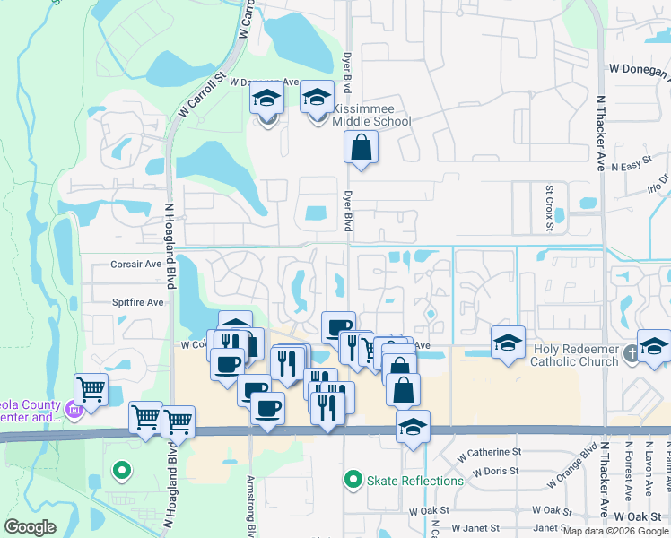map of restaurants, bars, coffee shops, grocery stores, and more near 2004 Avon Boulevard in Kissimmee