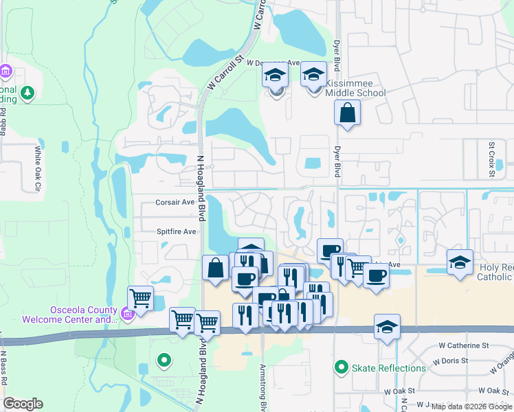 map of restaurants, bars, coffee shops, grocery stores, and more near 3828 Bowline Circle in Kissimmee