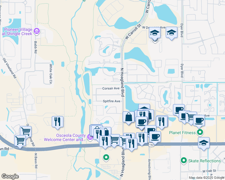 map of restaurants, bars, coffee shops, grocery stores, and more near 4141 Flying Fortress Avenue in Kissimmee