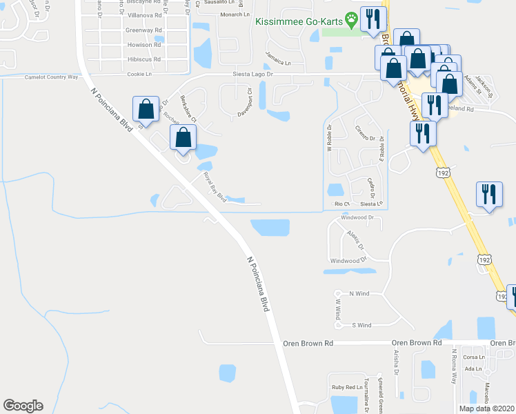 map of restaurants, bars, coffee shops, grocery stores, and more near 2000 Royal Bay Boulevard in Kissimmee