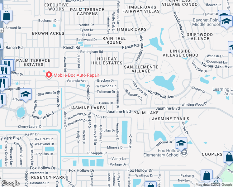 map of restaurants, bars, coffee shops, grocery stores, and more near 10600 Laburnum Drive in Port Richey