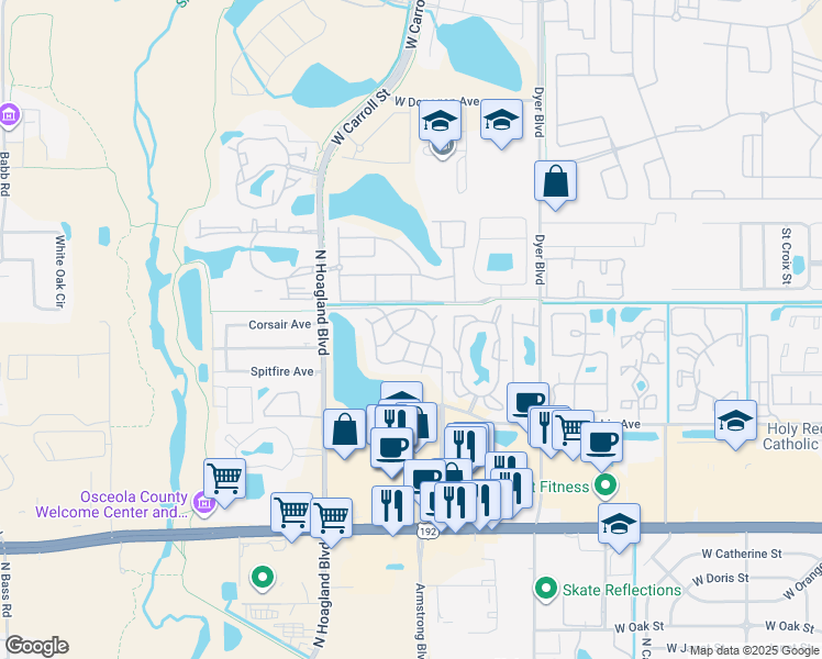 map of restaurants, bars, coffee shops, grocery stores, and more near 3828 Bowline Circle in Kissimmee