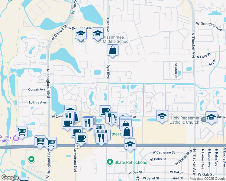 map of restaurants, bars, coffee shops, grocery stores, and more near 2004 Avon Boulevard in Kissimmee