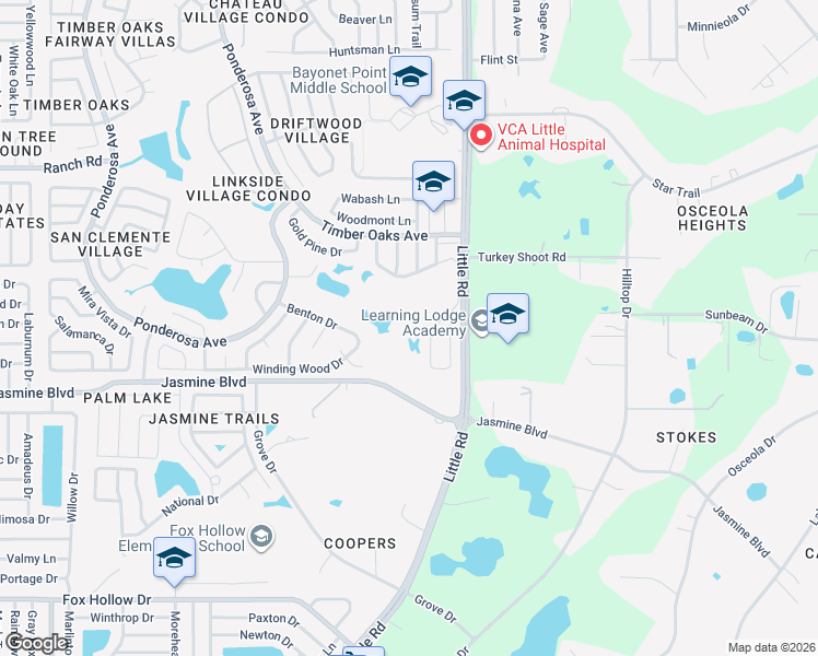 map of restaurants, bars, coffee shops, grocery stores, and more near 8575 Ponderosa Avenue in Port Richey