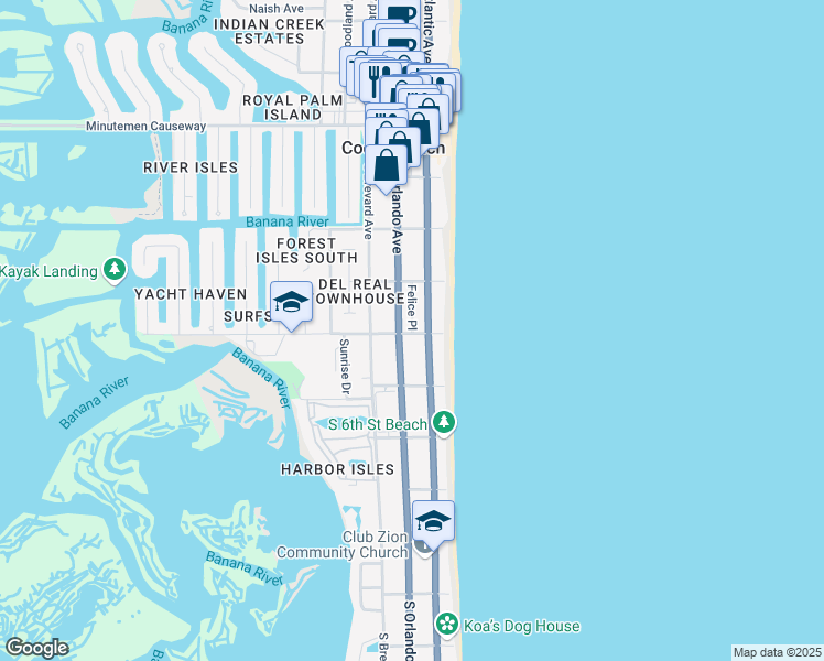 map of restaurants, bars, coffee shops, grocery stores, and more near 322 Felice Place in Cocoa Beach