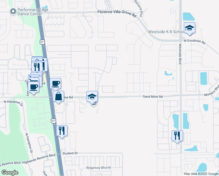 map of restaurants, bars, coffee shops, grocery stores, and more near Lava Tree Drive in Davenport