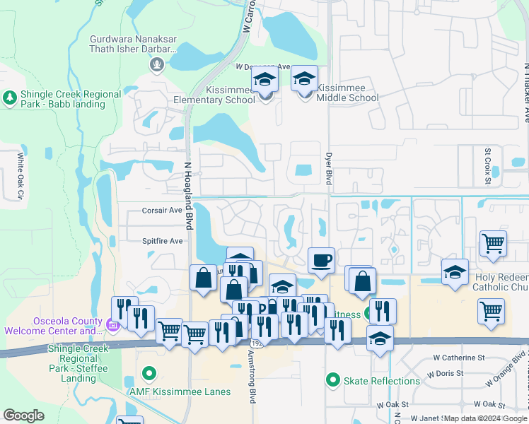 map of restaurants, bars, coffee shops, grocery stores, and more near 3828 Bowline Circle in Kissimmee