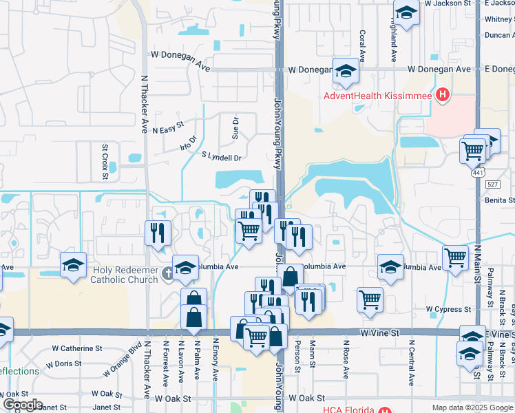 map of restaurants, bars, coffee shops, grocery stores, and more near 2250 Blue Hesper Drive in Kissimmee