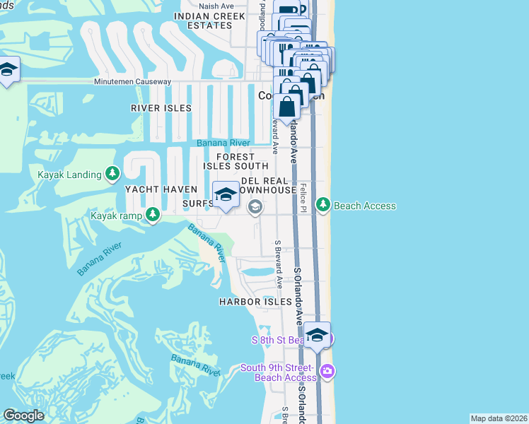 map of restaurants, bars, coffee shops, grocery stores, and more near 320 South 4th Street in Cocoa Beach