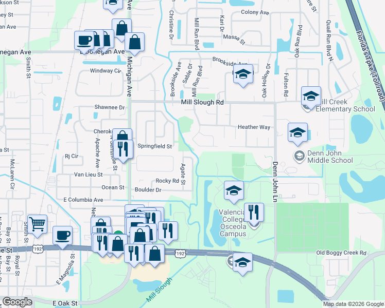 map of restaurants, bars, coffee shops, grocery stores, and more near 2119 Sand Run Road in Kissimmee