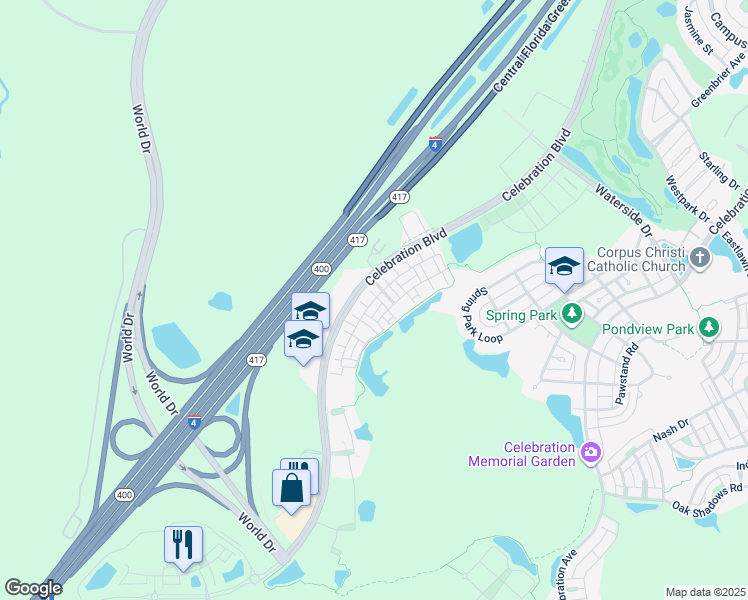 map of restaurants, bars, coffee shops, grocery stores, and more near Resolute Street in Celebration