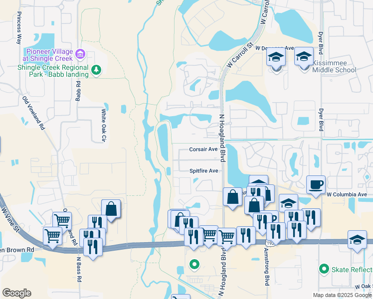 map of restaurants, bars, coffee shops, grocery stores, and more near 4164 Corsair Avenue in Kissimmee