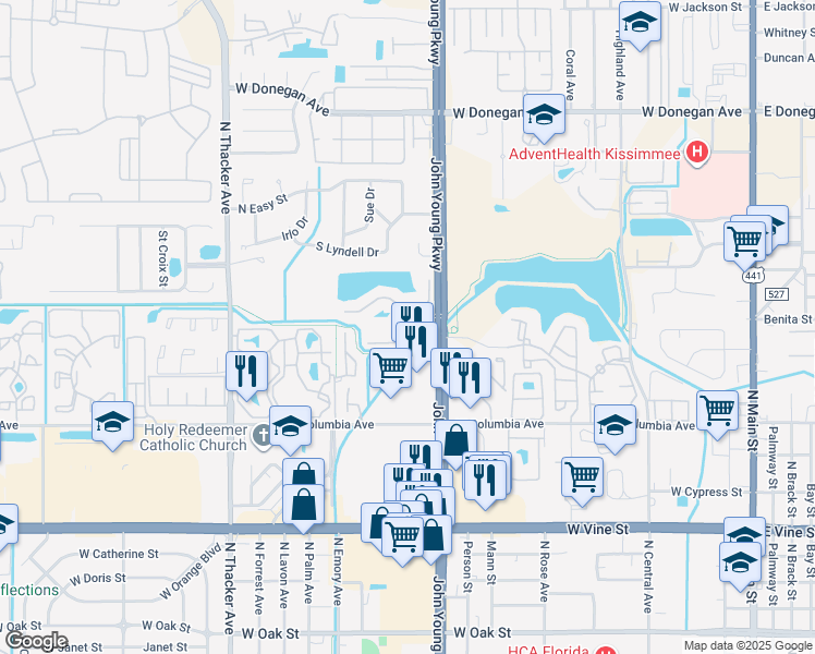 map of restaurants, bars, coffee shops, grocery stores, and more near 2250 Blue Hesper Drive in Kissimmee