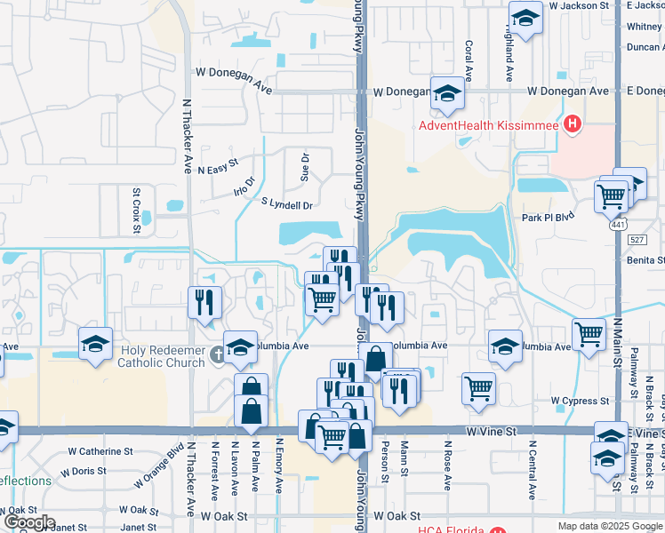 map of restaurants, bars, coffee shops, grocery stores, and more near 2250 Blue Hesper Drive in Kissimmee