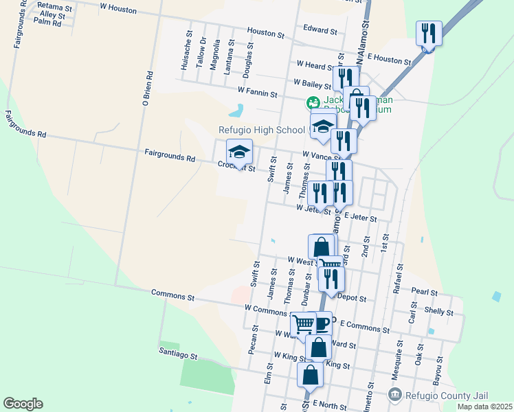 map of restaurants, bars, coffee shops, grocery stores, and more near 415 Swift Street in Refugio