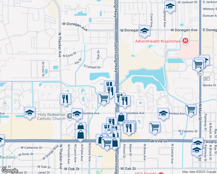 map of restaurants, bars, coffee shops, grocery stores, and more near 2250 Blue Hesper Drive in Kissimmee