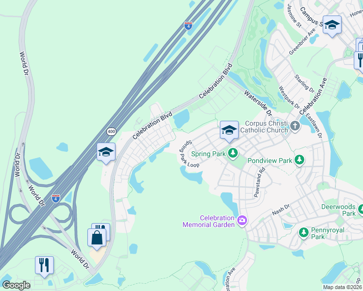 map of restaurants, bars, coffee shops, grocery stores, and more near 897 Spring Park Loop in Celebration