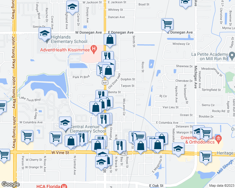map of restaurants, bars, coffee shops, grocery stores, and more near 243 Principal Court in Kissimmee