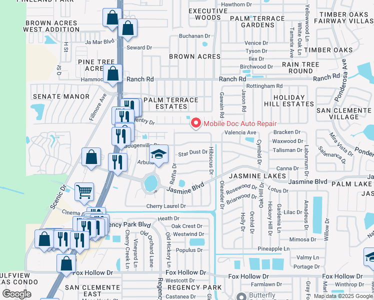 map of restaurants, bars, coffee shops, grocery stores, and more near 7316 Star Dust Drive in Port Richey