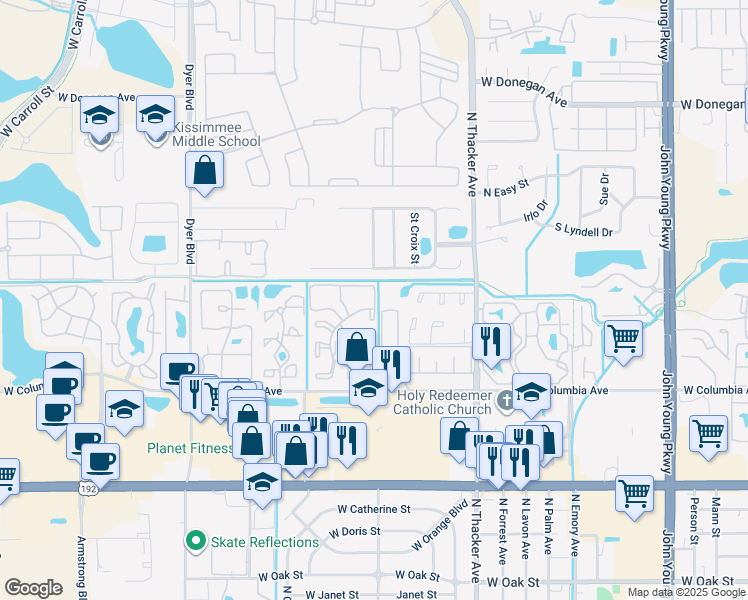 map of restaurants, bars, coffee shops, grocery stores, and more near 2228 Chardonnay Court East in Kissimmee