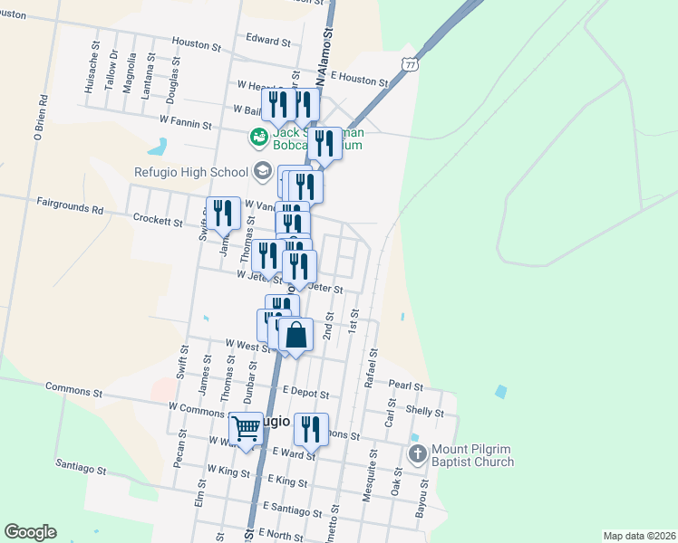 map of restaurants, bars, coffee shops, grocery stores, and more near 211 East Jeter Street in Refugio