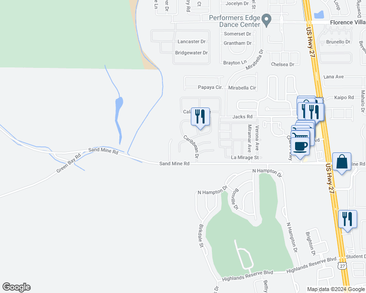 map of restaurants, bars, coffee shops, grocery stores, and more near 104 Orchid Drive in Davenport